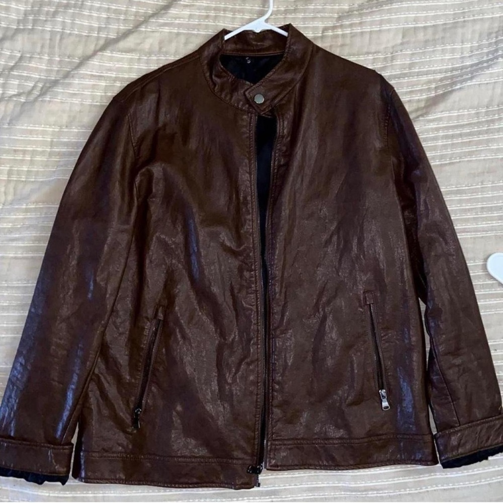Brown leather jacket with black lining indie biker 90s grunge vibe streetwear